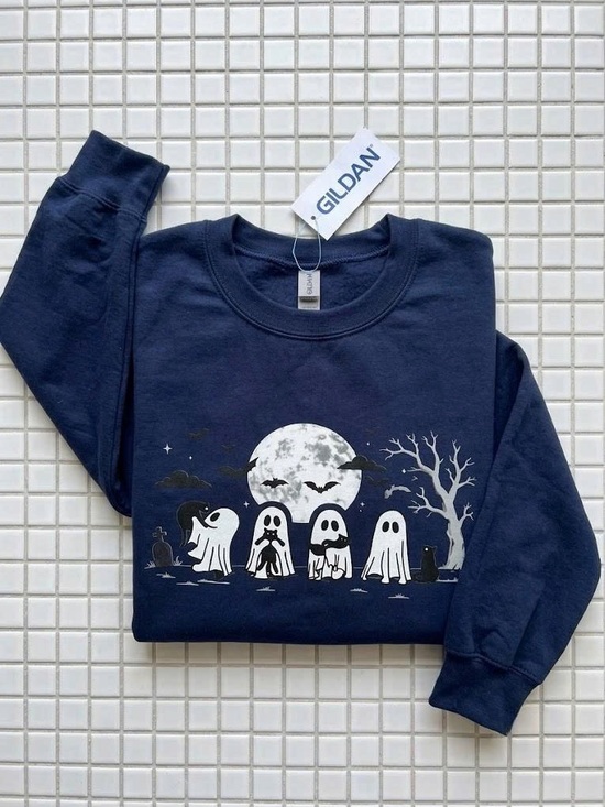 Gildan Sweaters - Cute Ghost Cat Halloween Sweatshirt Spooky Full Moon Graphic Crewneck Navy